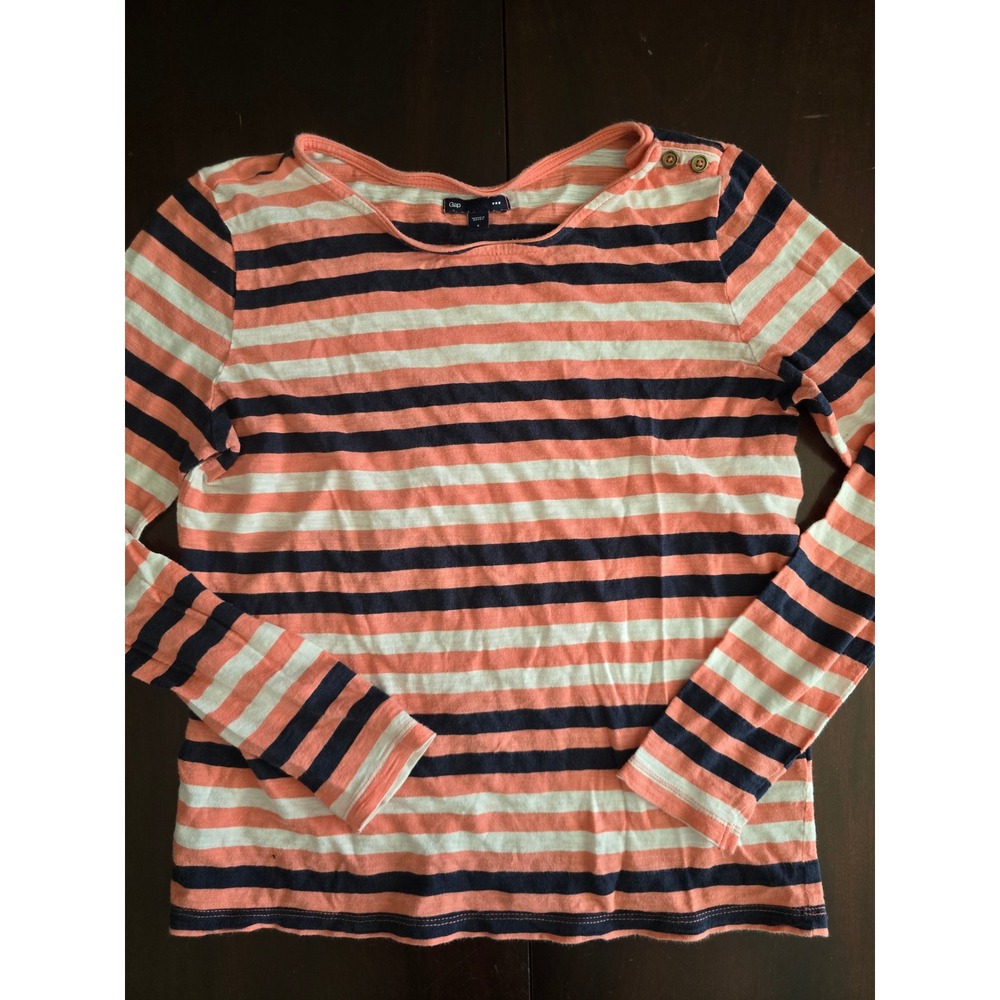 Gap Womens Striped Long Sleeve Top Coral Navy Blue Nautical Shoulder Button S